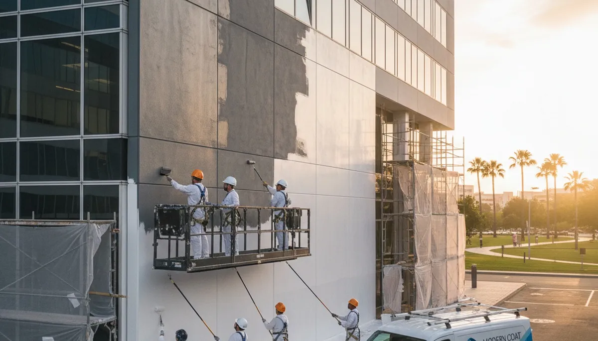 Professional commercial painters applying durable exterior coating in Reno, NV business district