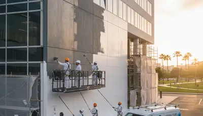 Professional commercial painters applying durable exterior coating in Reno, NV business district