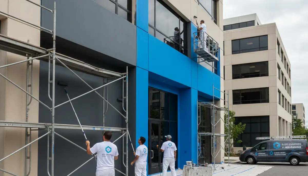 Professional commercial painters in Reno, NV finishing an office exterior with durable paint