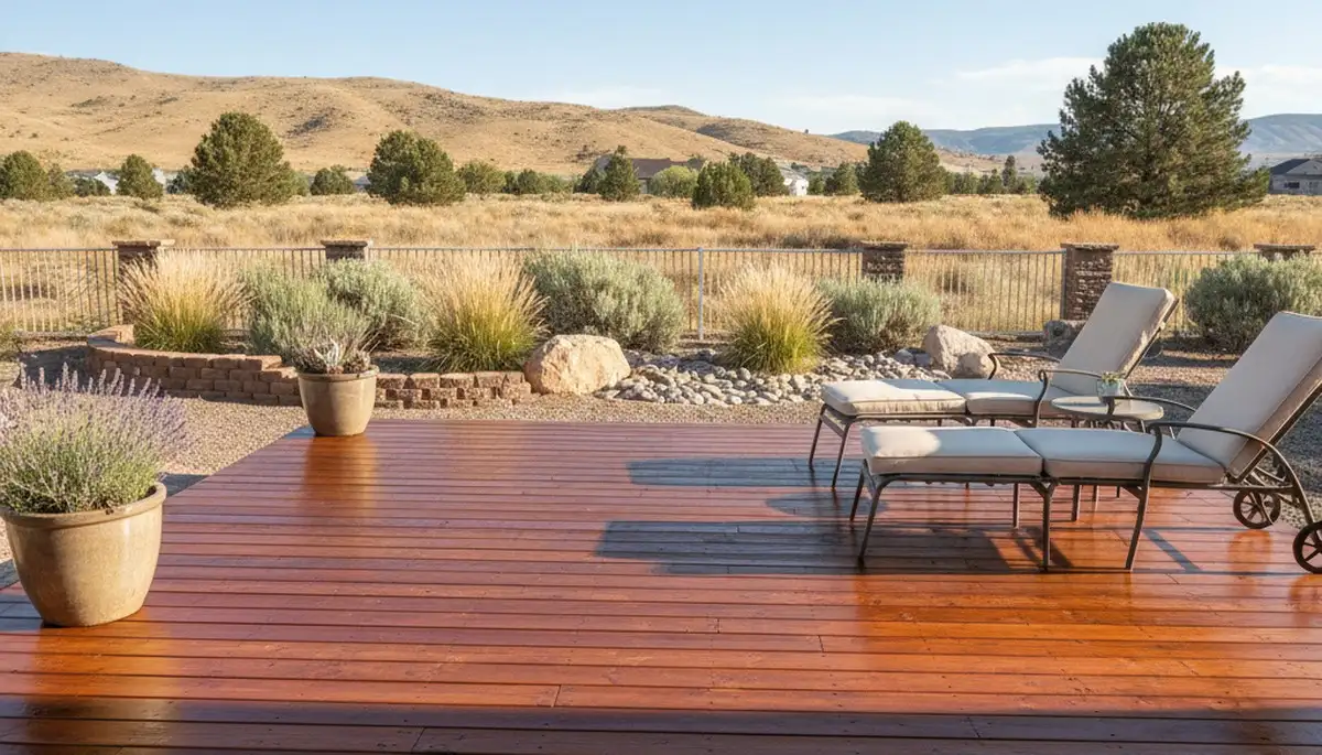 Finished deck staining after pressure cleaning in Reno NV showing restored wood and weather protection