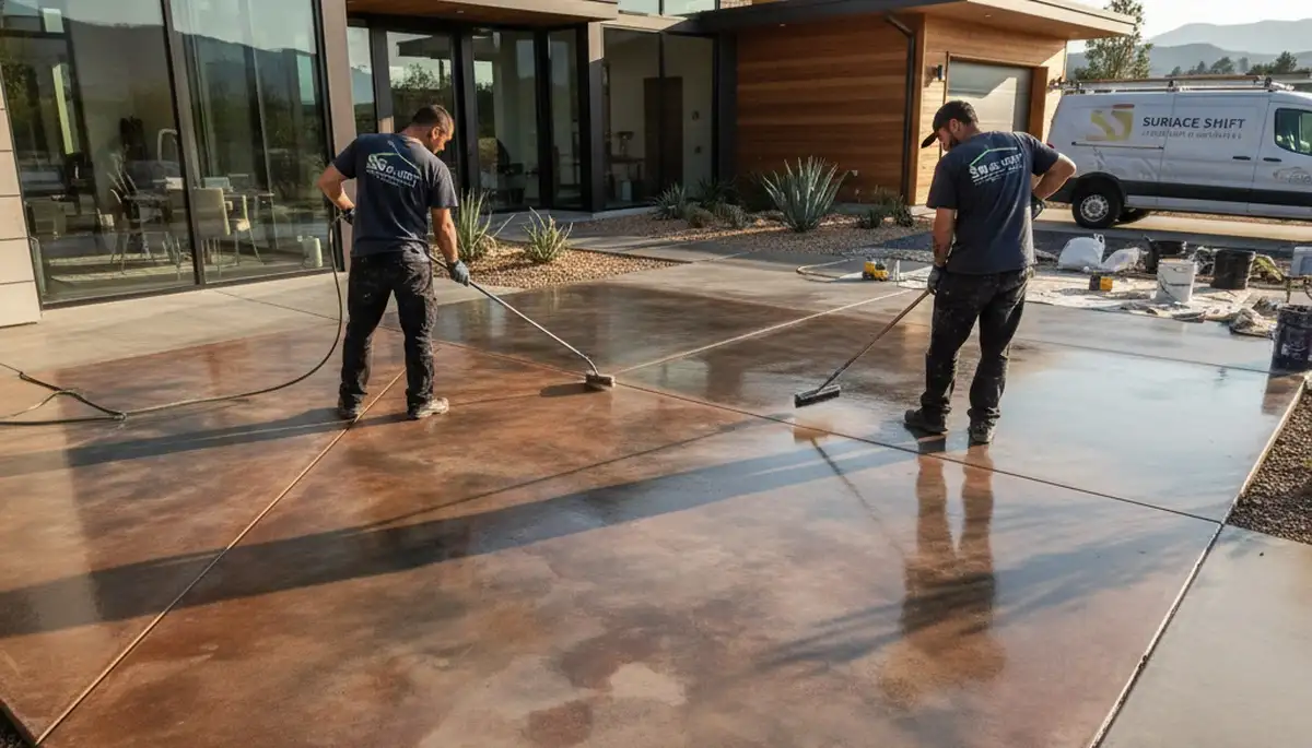 Professional concrete staining on Reno NV patio with durable decorative finish for desert climate