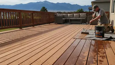 Professional deck staining in Reno NV showing wood refinishing and UV protection by expert painters