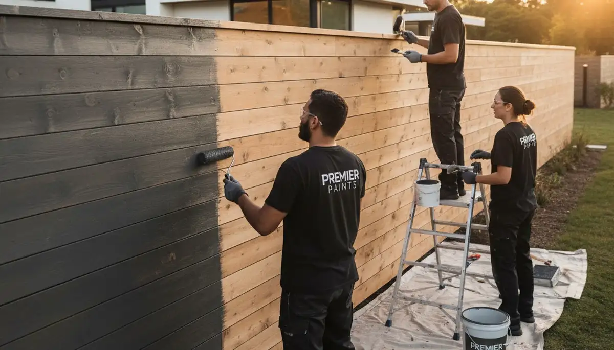 Professional fence painters refinishing wood fence in Reno, NV for UV and weather protection