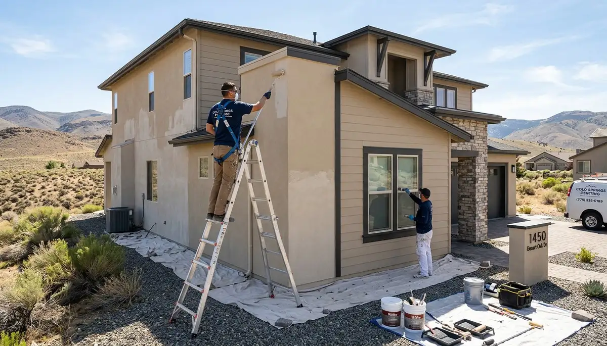 Professional house painters in Reno NV applying exterior paint to a residential home facade