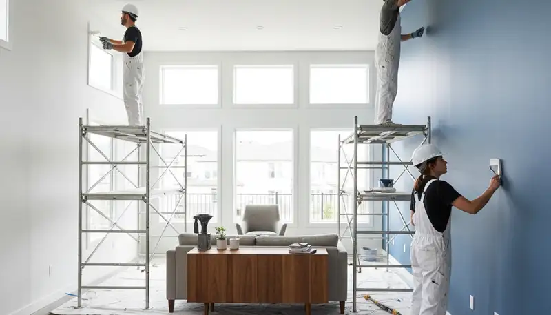 Professional interior house painters working in Reno, NV home with fresh wall finish