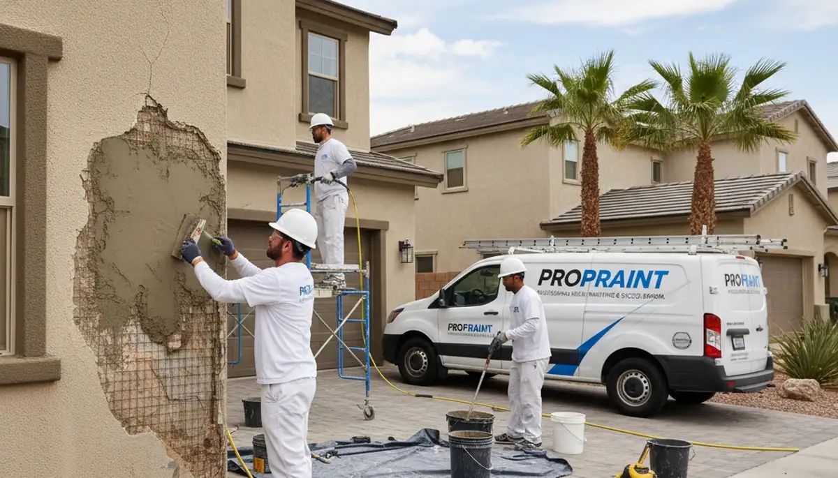Professional stucco repair and exterior painting on a Reno NV home by expert contractors