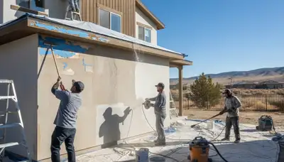 Painter sanding exterior wall for new paint coating during surface preparation in Reno, NV