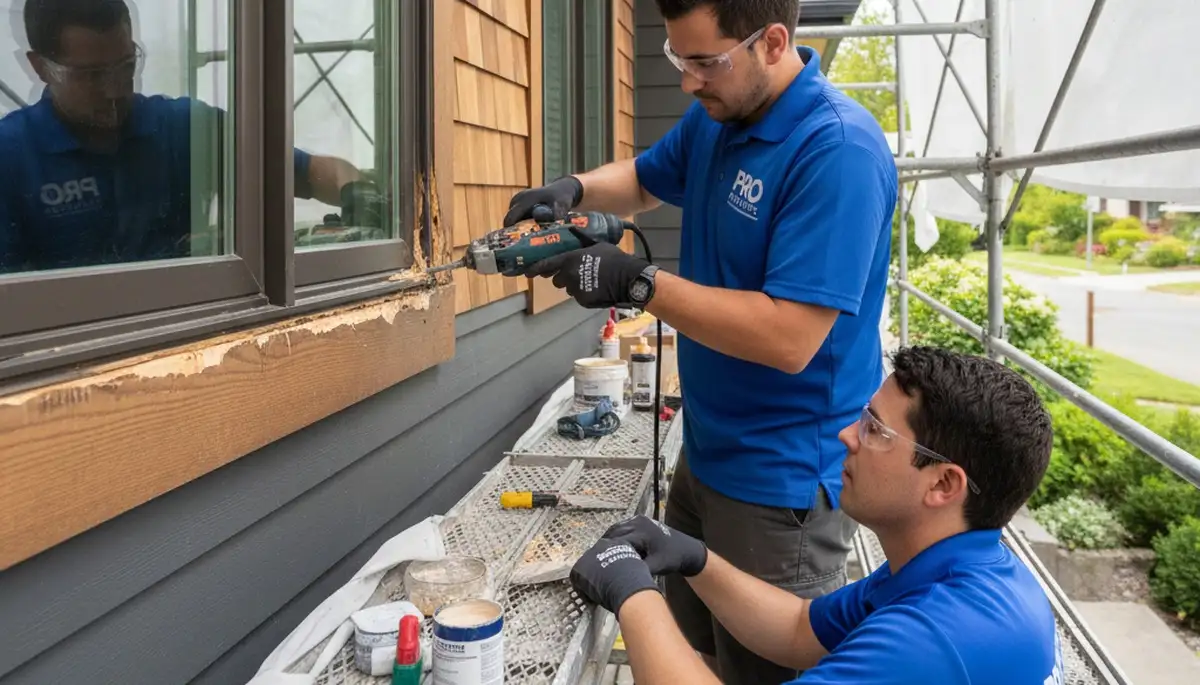 Painter repairing exterior wood rot on Reno NV home during expert wood restoration service